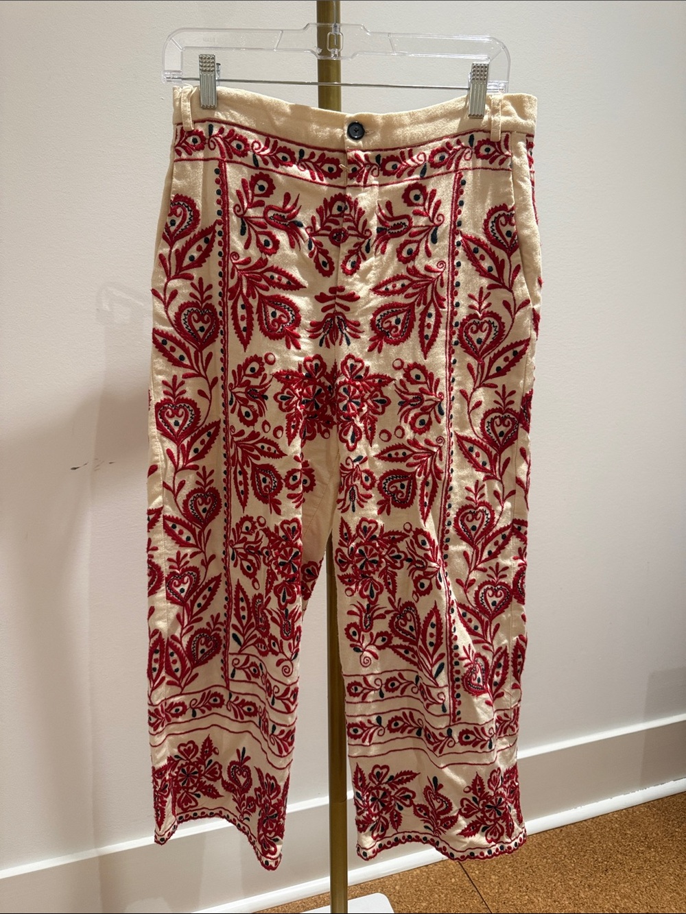 Embroidered Cream and Red Women’s Cropped Pants
